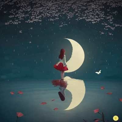 Girl with White Umbrella by Moonlight