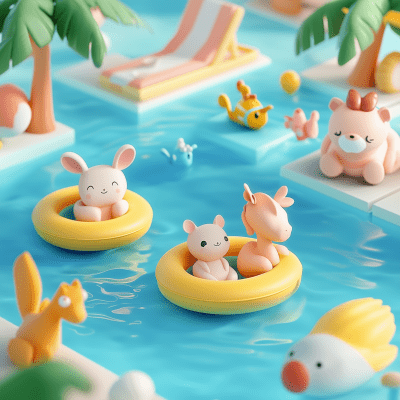 Vibrant Summer Pool Scene with Clay Figures