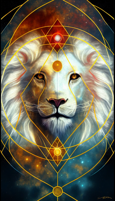 Intergalactic White Lion Portrait with Geometrical Symbol