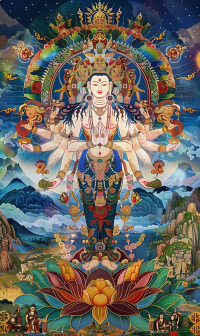 Thousand Arms Avalokiteshvara on Colourful Lotus