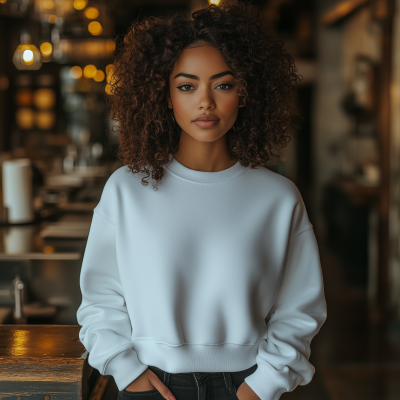 Stylish African American woman in white sweatshirt mockup