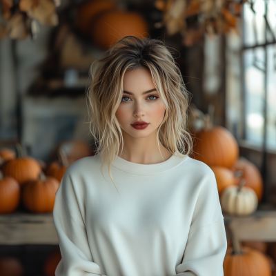 Blonde Woman in White Sweatshirt at Pumpkin Patch