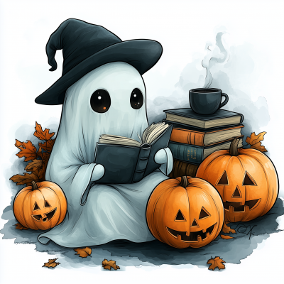 Cute Ghost Reading Book with Pumpkins and Coffee Cup