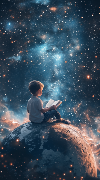 Boy Reading Book in Universe