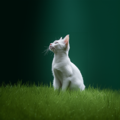 White Cat Playing on Green Background