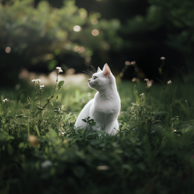 White Cat Playing on Grass