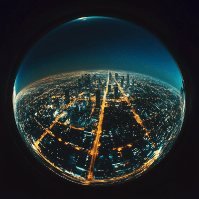 Cityscape at Night with Fisheye Lens