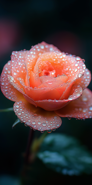 Light refraction in a dew drop on a rose petal