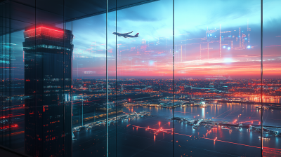 Airport Tower and City with Neon Lights