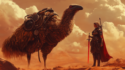 Fantasy Desert World with Flightless Bird and Female Paladin