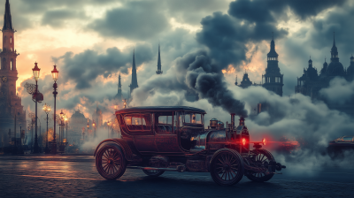 Magical Steampunk Automobile in Fantasy City