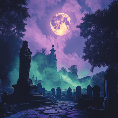 Nighttime Cemetery with Full Moon