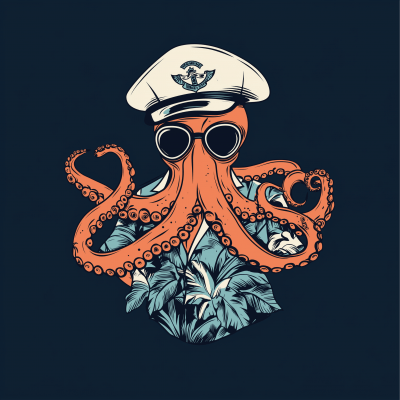 Cartoon Octopus in Hawaiian Shirt and Sailor Cap