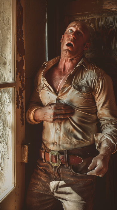 Muscular Cowboy Expressing Shock Inside His House