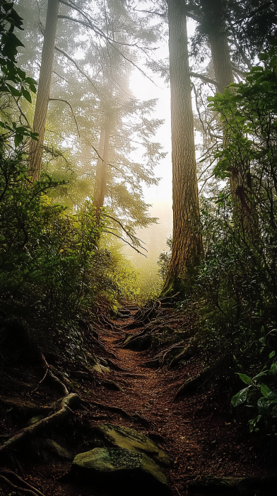 Misty Hiking Trail in Pacific Northwest