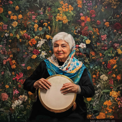 Elderly Persian Woman Playing Tambourine