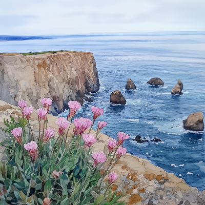 Impressionist Watercolor Painting of Pink Flowers on Cliff Edge