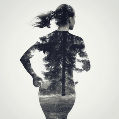 Running Woman in Pine Forest