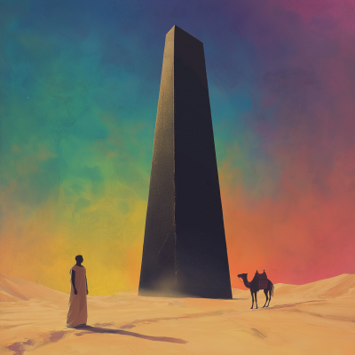 Egyptian Man and Obelisk in Desert