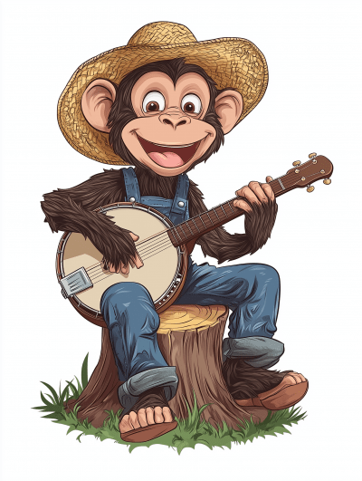 Cartoon Monkey Playing Banjo on a Tree Stump