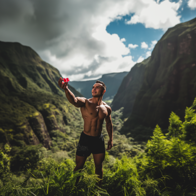 Muscular man reaching out for red gummy