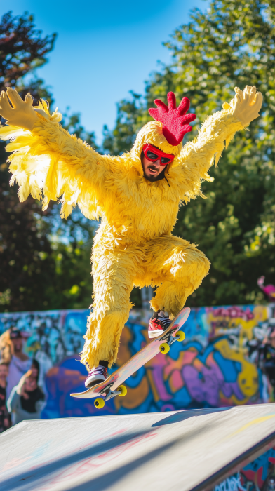 Skateboarding Chicken Costume Trick