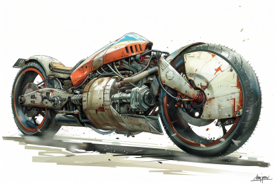 Vintage World War Bike Car Cyberpunk Tuning Anime Drawing