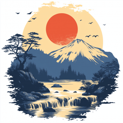 Japanese Style River Scene with Mountain