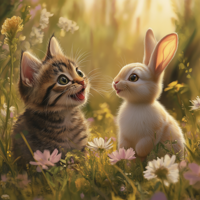 Smiling Kitty and Bunny in Meadow