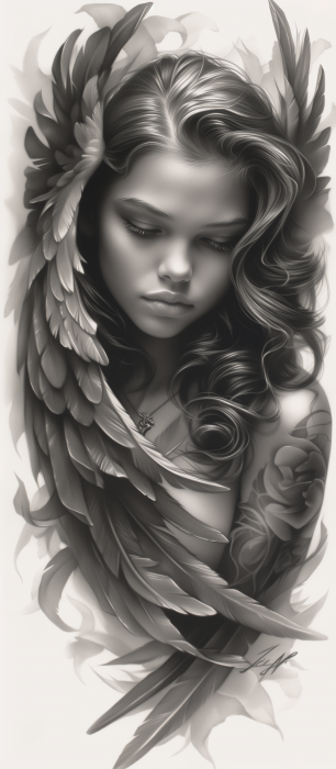 Dark Angel Female Portrait with Chicano Style Tattoo Design