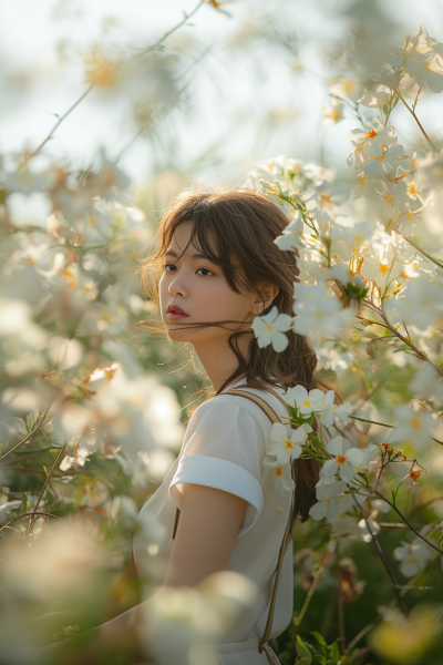 Girl in School Uniform Walking in Jasmine Field