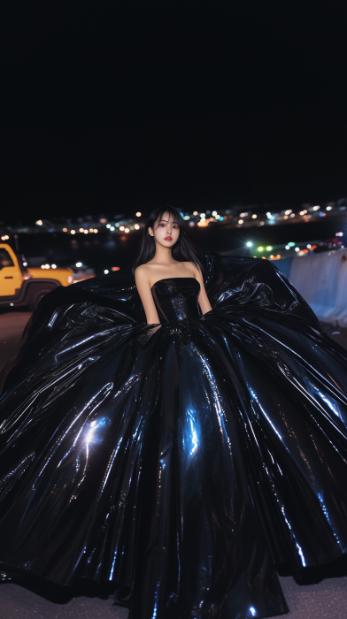 Korean girl in gloss PVC ballgown at night