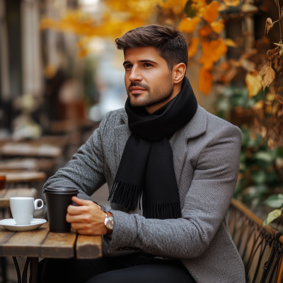 Man in Grey Coat Drinking Coffee in Outdoor Cafe