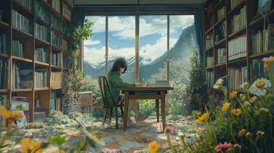 Anime-style Room with Wildflowers and Mountain View