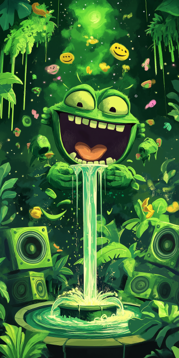 Cheerful English Garden Illustration with Laughing Monster