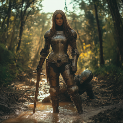 Victorious Female Knight in Forest