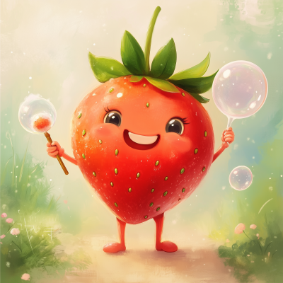 Cheerful Strawberry Character Blowing Bubbles