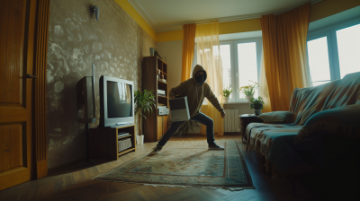 Thief with Mask Holding a TV in Beige Interior Room