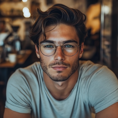 Young man in a cozy coffee shop