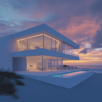 Modern Beach House at Evening Sunset