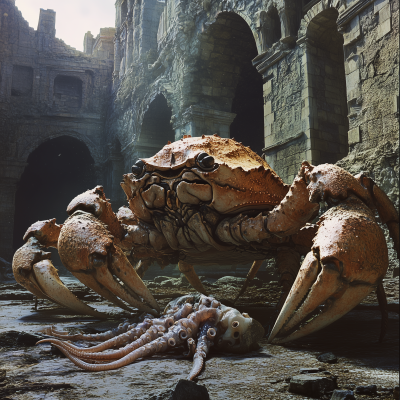 Giant Crab Eating Squid by Ancient Ruins