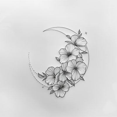 Blackwork Crescent Moon Flower Tattoo Design