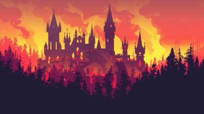 Minimalist Medieval Castle Silhouette with Fire Background