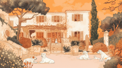 Provençal Villa Courtyard with Dogs Illustration