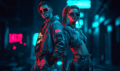 Cyberpunk Gaming Couple in Urban Street