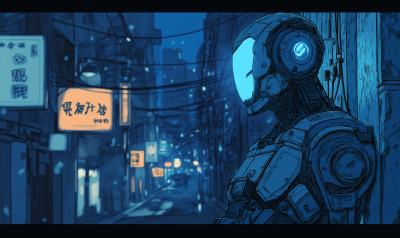 Futuristic Robot in Comic Style on a Night Street