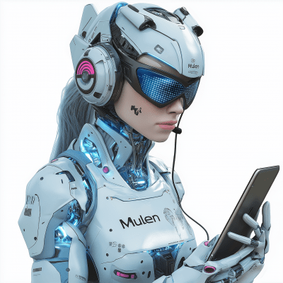 Cyberpunk Woman with Phone and Laptop