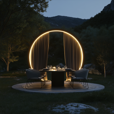 Outdoor Dining Setup with Ceramics and Round Curtain