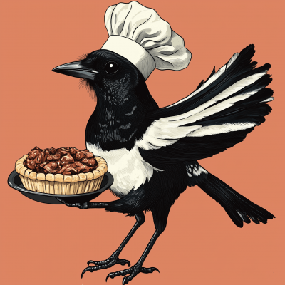 Magpie Bird with Chef’s Hat and Australian Meat Pie in Folk Art Style