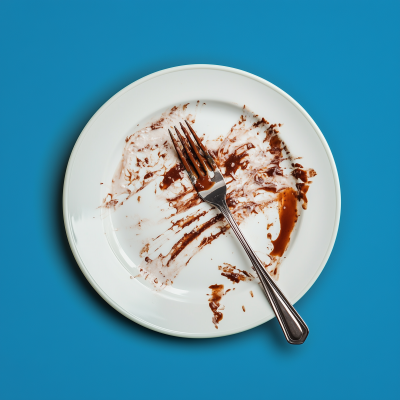 Dirty Plate with Fork on Blue Background